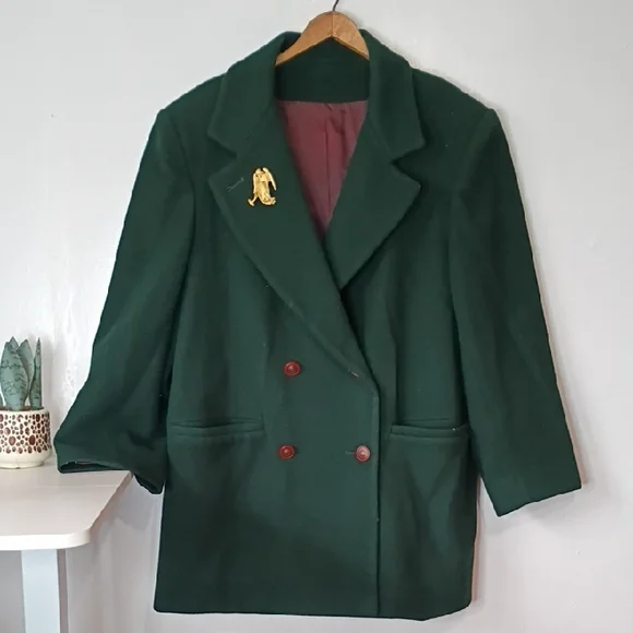 Dillard’s Green Double-Breasted Merino Wool Coat Women’s XL Angel Pin Vintage - Picture 1 of 11